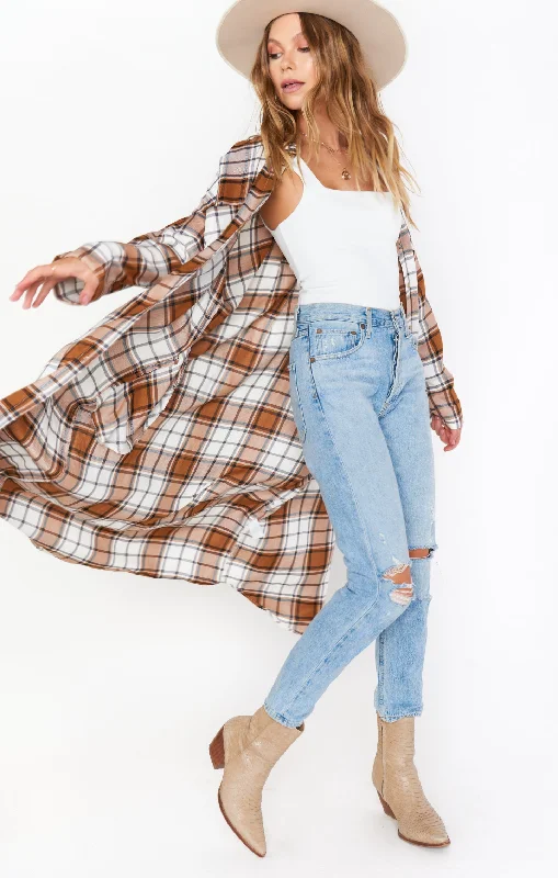 Leo Button Down Tunic ~ Tan Plaid