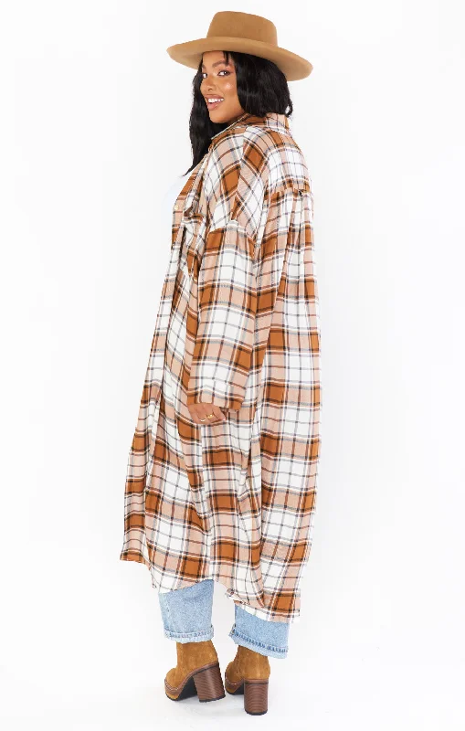 Leo Button Down Tunic ~ Tan Plaid