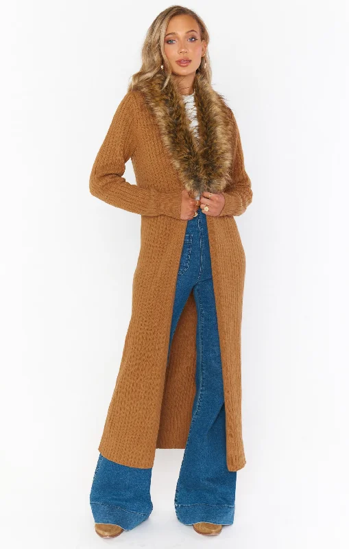 Lombardi Long Cardi ~ Hazelnut Knit with Faux Fur