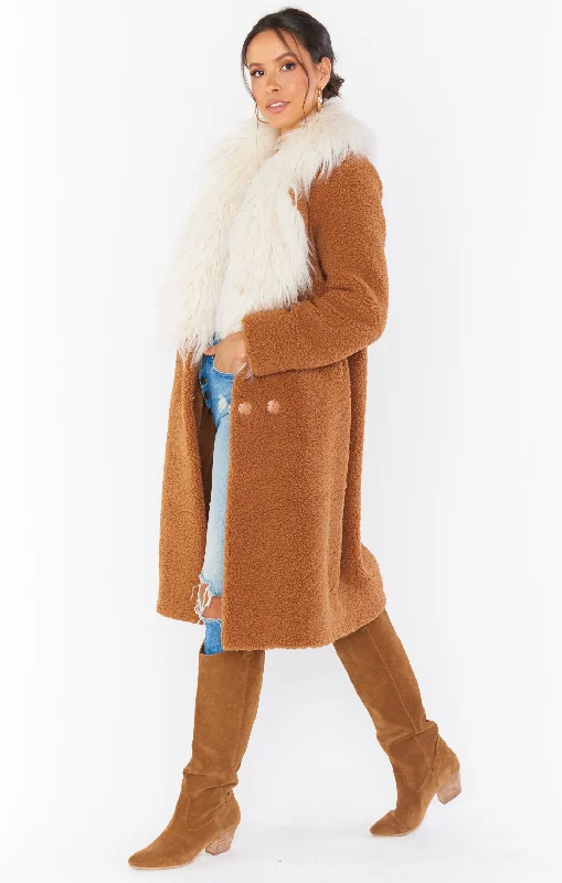 Stay Warm Jacket ~ Mocha Faux Sherpa with Faux Fur