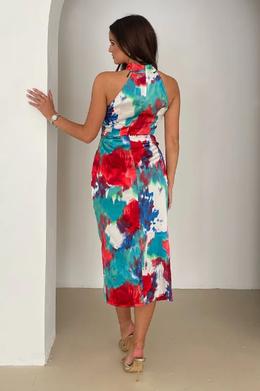 Alessia Halter Neck Midi Dress Red Abstract