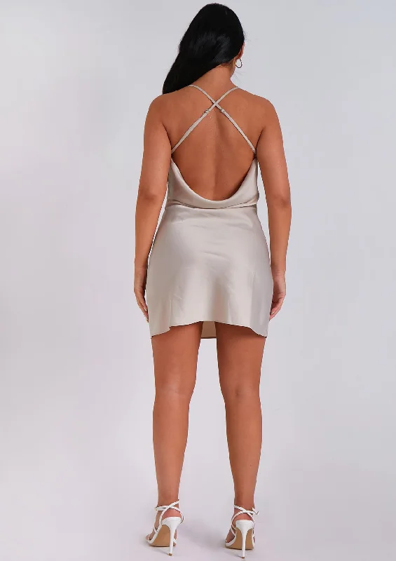 Amira Champagne Cross Back Cowl Neck Mini Dress