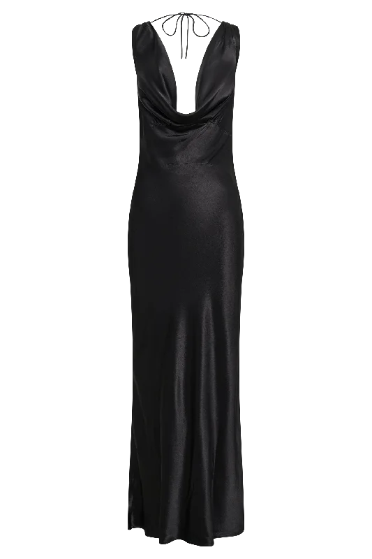 Angelique Satin Cowl Back Maxi Dress - Black