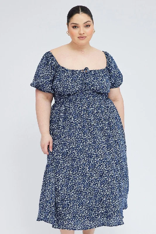 Blue Ditsy Midi Dress Short Sleeve Tiered