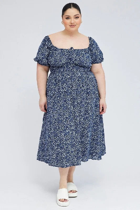 Blue Ditsy Midi Dress Short Sleeve Tiered