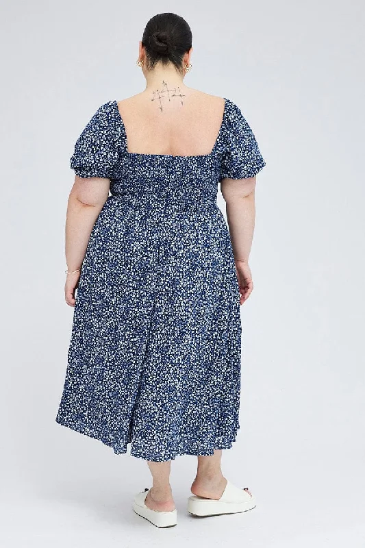 Blue Ditsy Midi Dress Short Sleeve Tiered