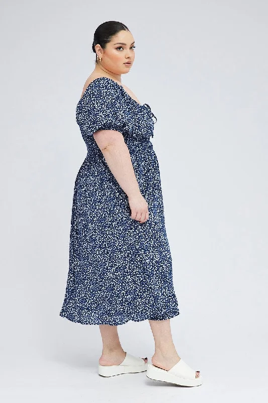 Blue Ditsy Midi Dress Short Sleeve Tiered