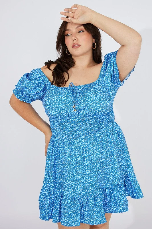 Blue Ditsy Mini Dress Puff Sleeve Gather Detail