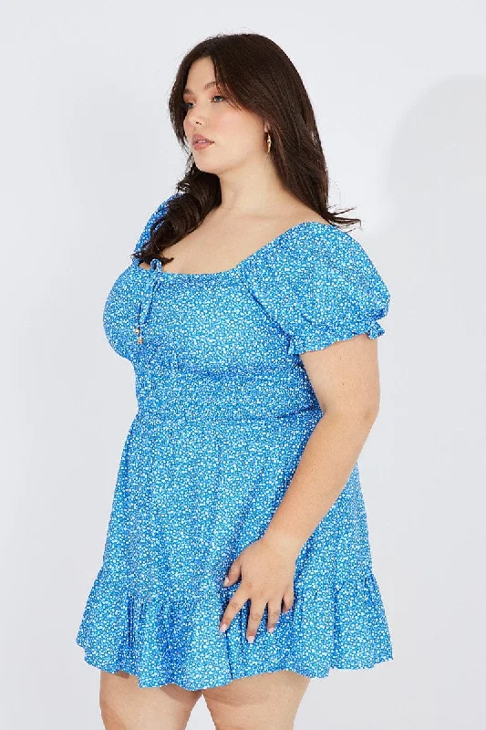 Blue Ditsy Mini Dress Puff Sleeve Gather Detail