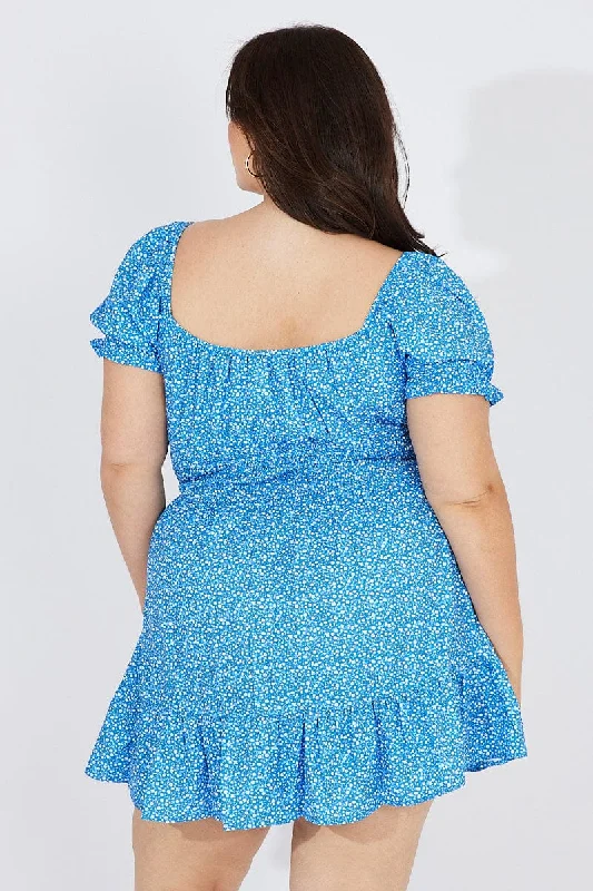 Blue Ditsy Mini Dress Puff Sleeve Gather Detail