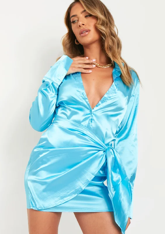 Celina Blue Satin Shirt Dress With Drape Detail