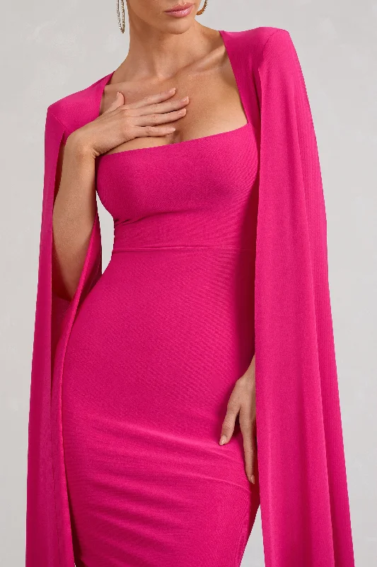 Flawless | Hot Pink Square Neck Midi Dress With Cape Sleeves