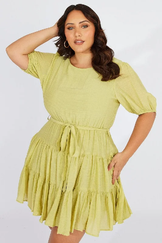 Green Skater Dress Short Puff Sleeve Textured