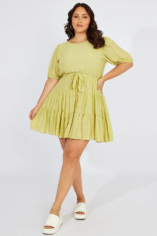 Green Skater Dress Short Puff Sleeve Textured