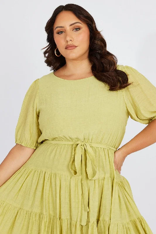 Green Skater Dress Short Puff Sleeve Textured