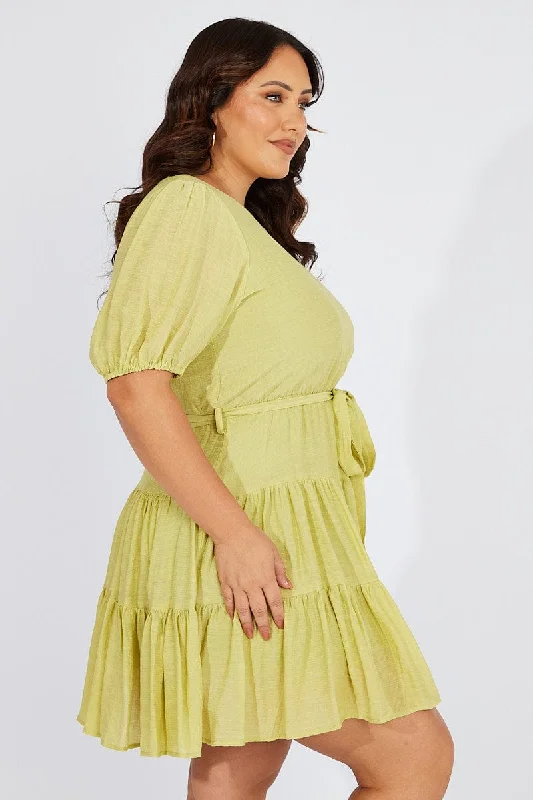 Green Skater Dress Short Puff Sleeve Textured