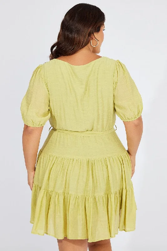 Green Skater Dress Short Puff Sleeve Textured