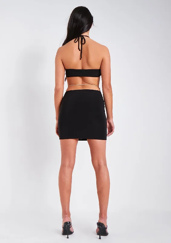 Hannah Black Halter Neck Cut Out Backless Chain Detail Mini Dress