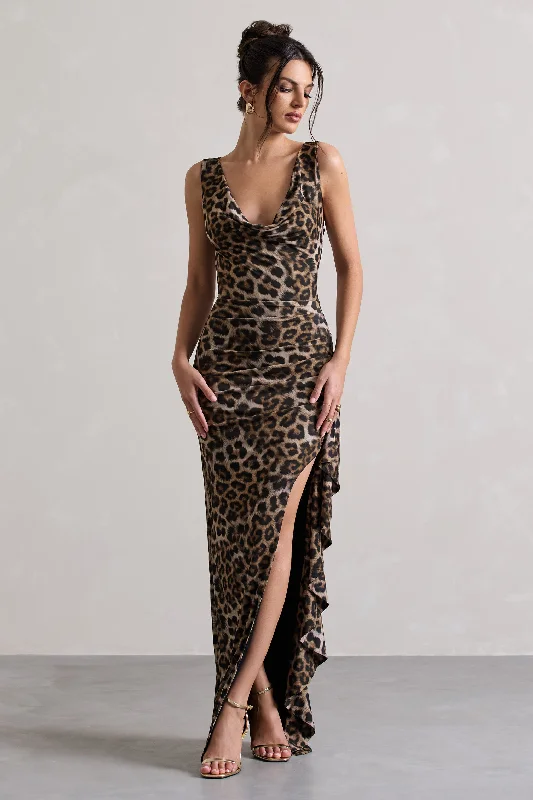 Kaida | Leopard Print Cowl-Neck Ruffled Split Maxi Dress