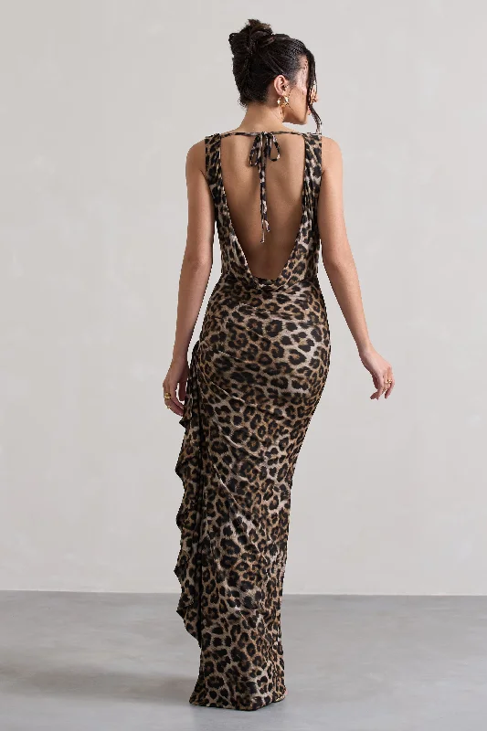 Kaida | Leopard Print Cowl-Neck Ruffled Split Maxi Dress