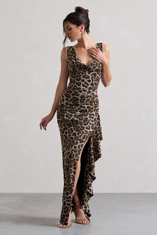 Kaida | Leopard Print Cowl-Neck Ruffled Split Maxi Dress