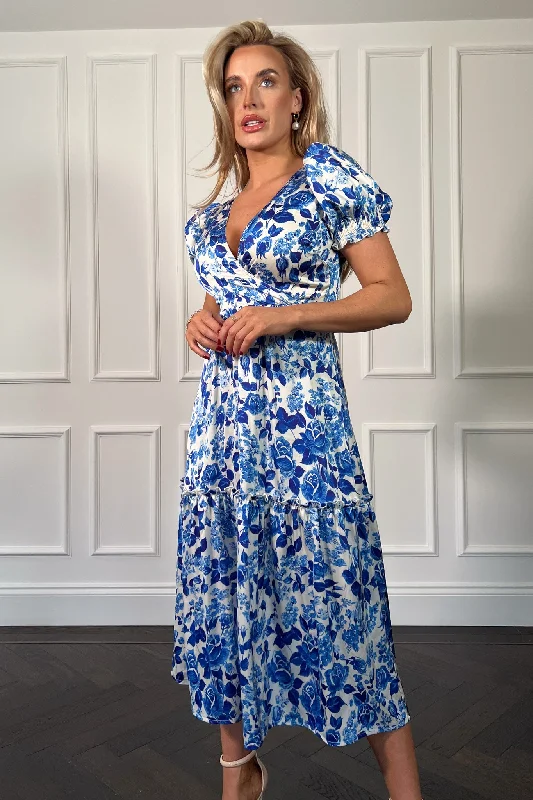 Maya Wrap Tierred Midi Dress Blue Floral