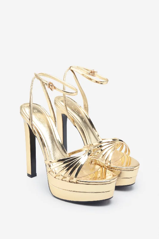 Mirror Mirror | Gold Mirror Strappy Heeled Platform Sandals