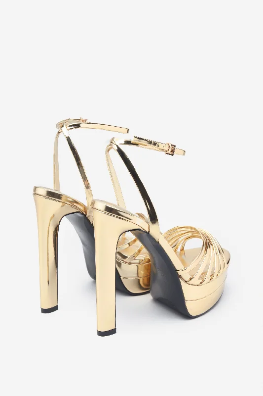 Mirror Mirror | Gold Mirror Strappy Heeled Platform Sandals