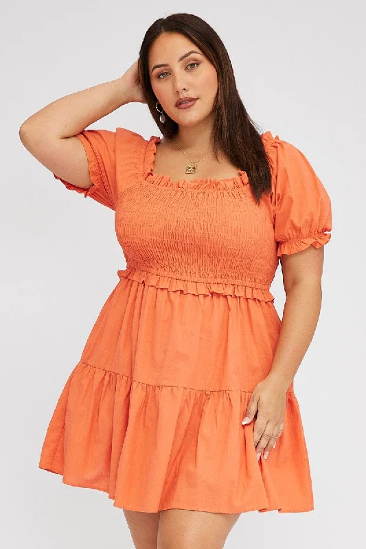 Orange Fit And Flare Dress Short Sleeve Shirred