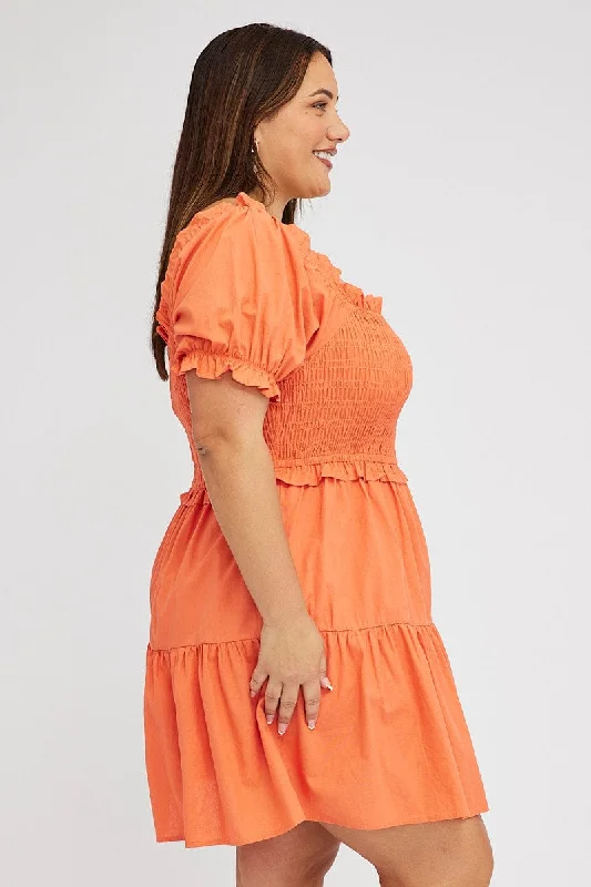 Orange Fit And Flare Dress Short Sleeve Shirred