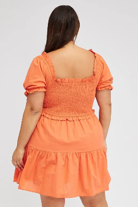 Orange Fit And Flare Dress Short Sleeve Shirred