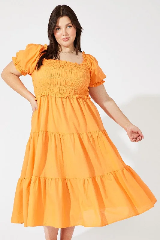 Orange Midi Dress Short Sleeve Shirred