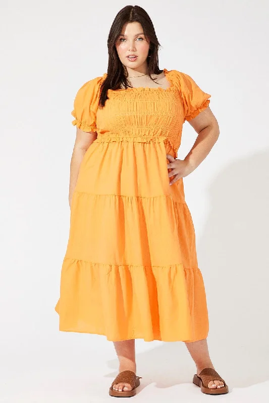 Orange Midi Dress Short Sleeve Shirred