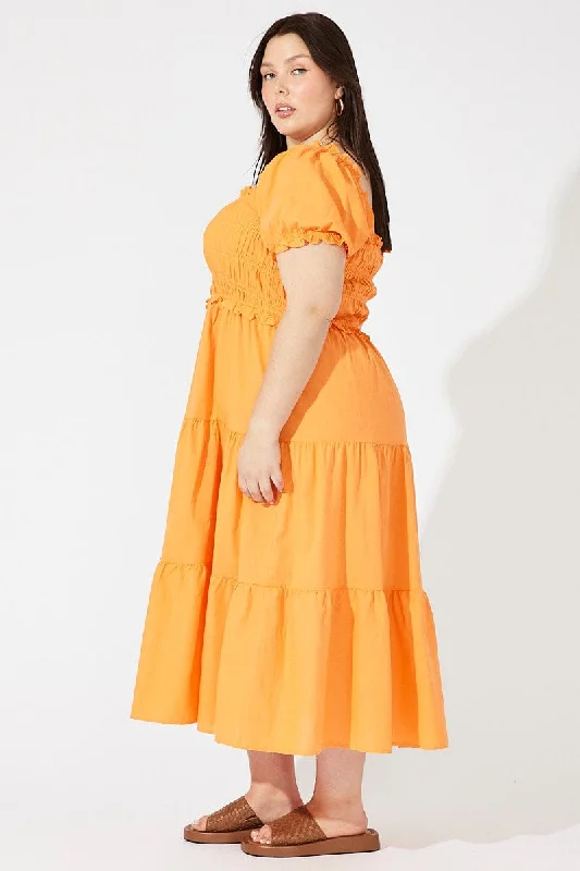 Orange Midi Dress Short Sleeve Shirred