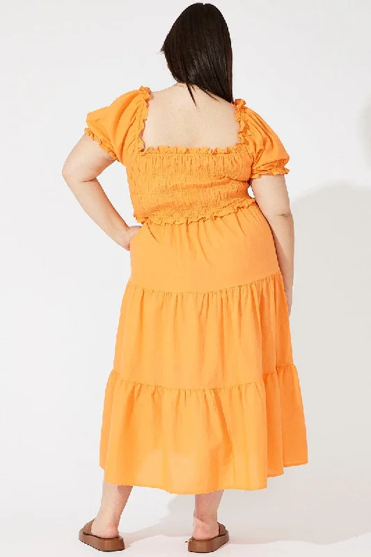 Orange Midi Dress Short Sleeve Shirred