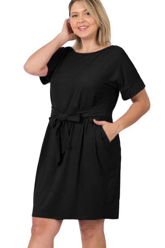 Hi Curvy Plus Size Women Brushed Tie Belt Dress