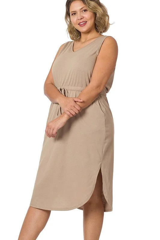 HI Curvy Plus Size Women Drawstring Waist Curved Hem Dress