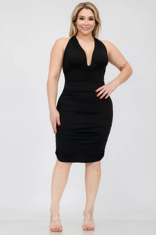 Hi Curvy Plus Size Women Plunging Neck Ruched Bodycon Mini Dress