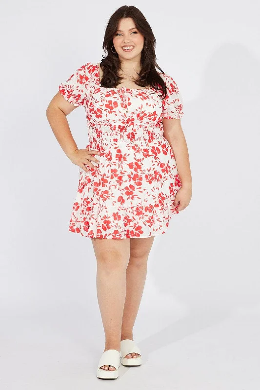 Red Floral Fit And Flare Dress Short Sleeve Ruched Bust