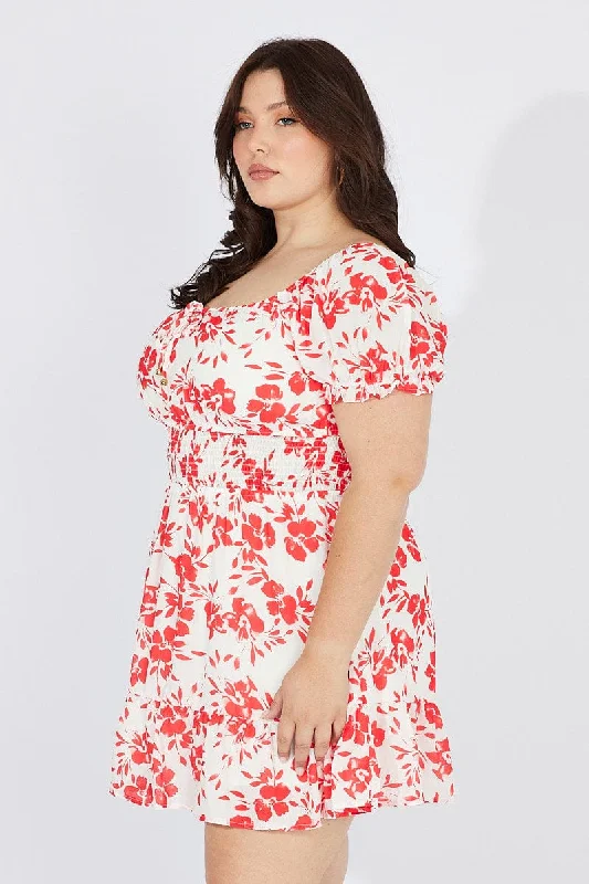 Red Floral Fit And Flare Dress Short Sleeve Ruched Bust