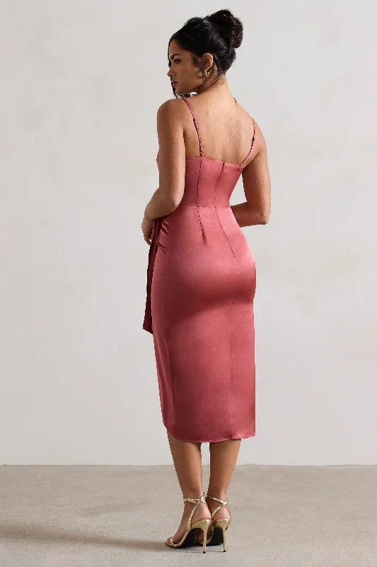 Sabela | Rose Pink Satin Wrap Midi Dress With Knot Detail