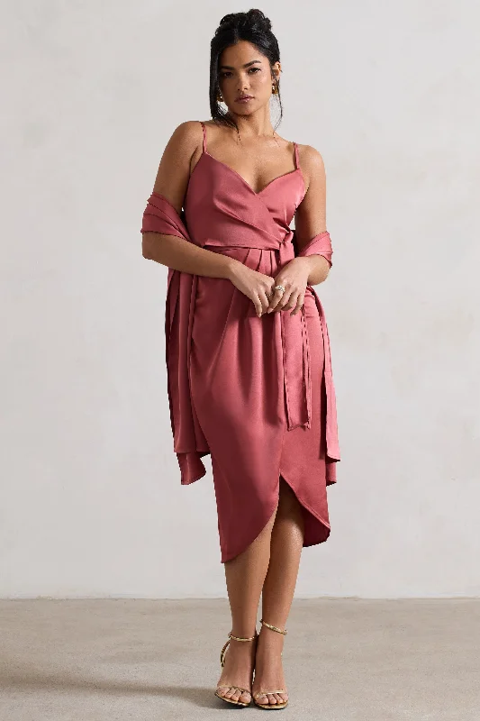 Sabela | Rose Pink Satin Wrap Midi Dress With Knot Detail