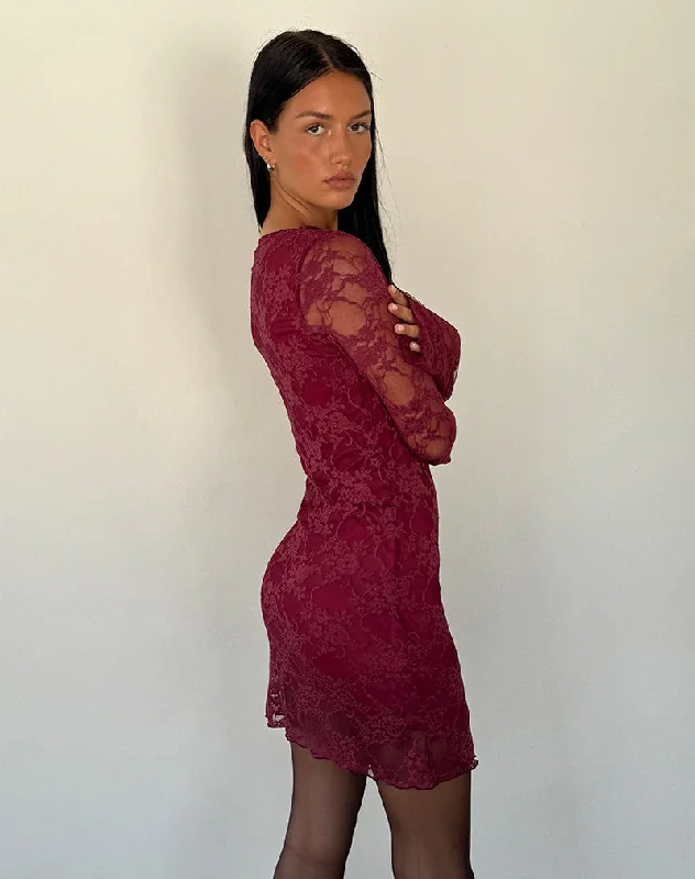 Sevila Long Sleeve Mini Dress Lace Burgundy