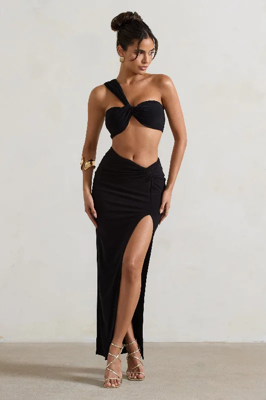 Tender Kiss | Black High Waist Thigh Split Maxi Skirt