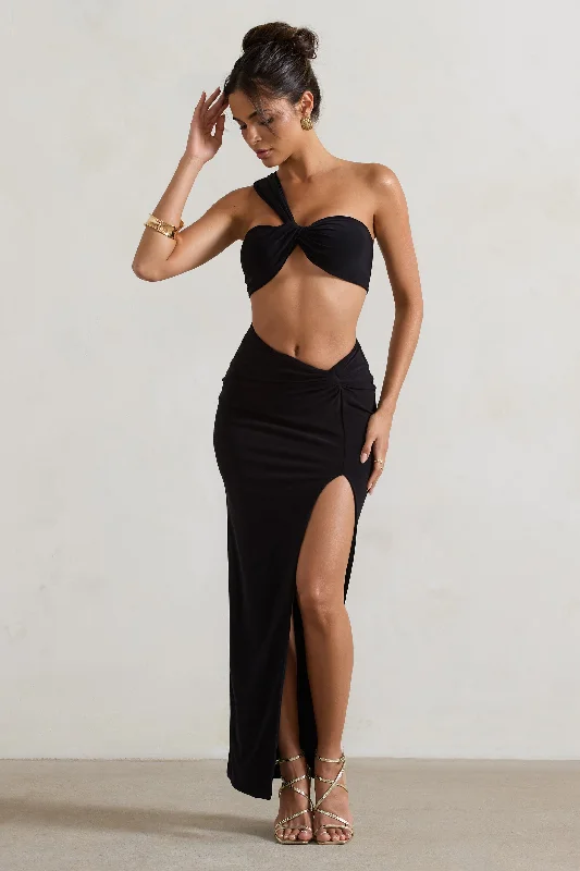 Tender Kiss | Black High Waist Thigh Split Maxi Skirt