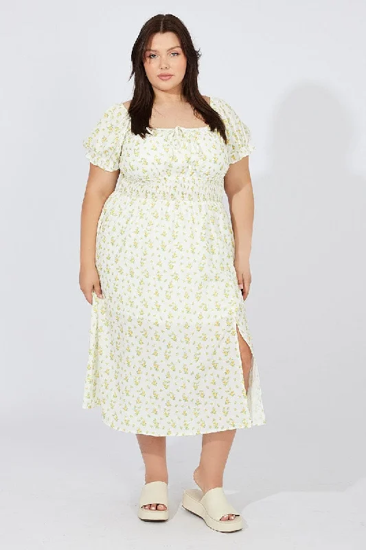 White Ditsy Midi Dress Short Sleeve Ruched Bust