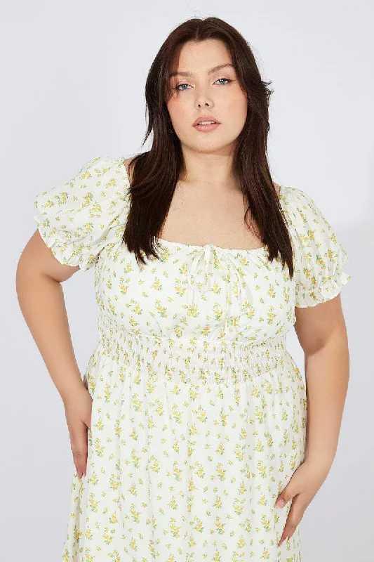 White Ditsy Midi Dress Short Sleeve Ruched Bust