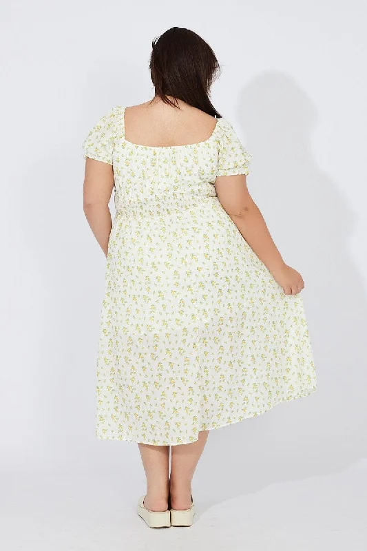 White Ditsy Midi Dress Short Sleeve Ruched Bust