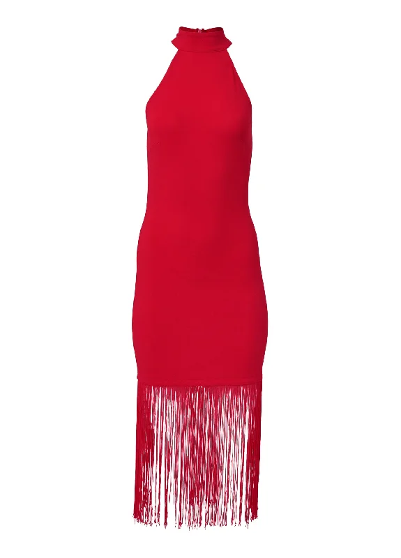 High neck fringe dress - Red