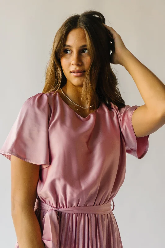 The Schertz Satin Pleated Midi Dress in Dusty Mauve